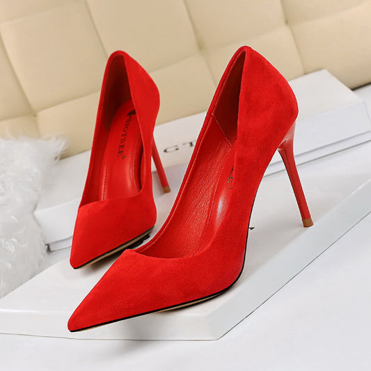 Suede Shallow Mouth Pointed High Heel