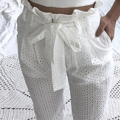 White cutout lace trousers