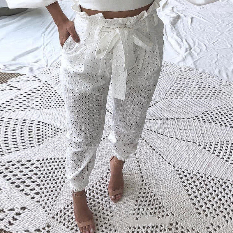 White cutout lace trousers