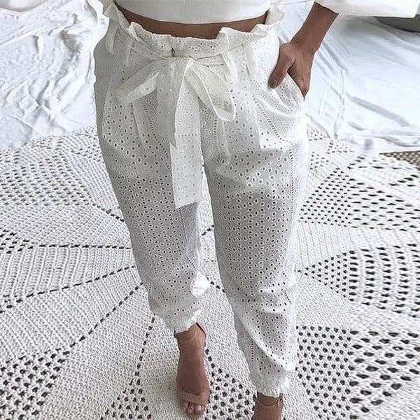 White cutout lace trousers