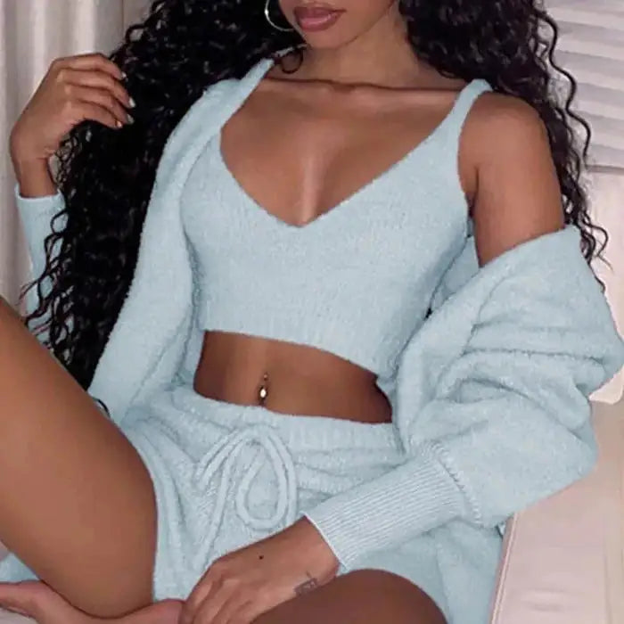 3pcs Long Sleeve Crop Tank Top And Drawstring Shorts Pajama Set