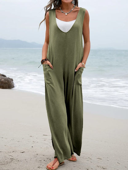 Easy Comfort Jumpsuit V-neck Bib Wide Leg Trousers