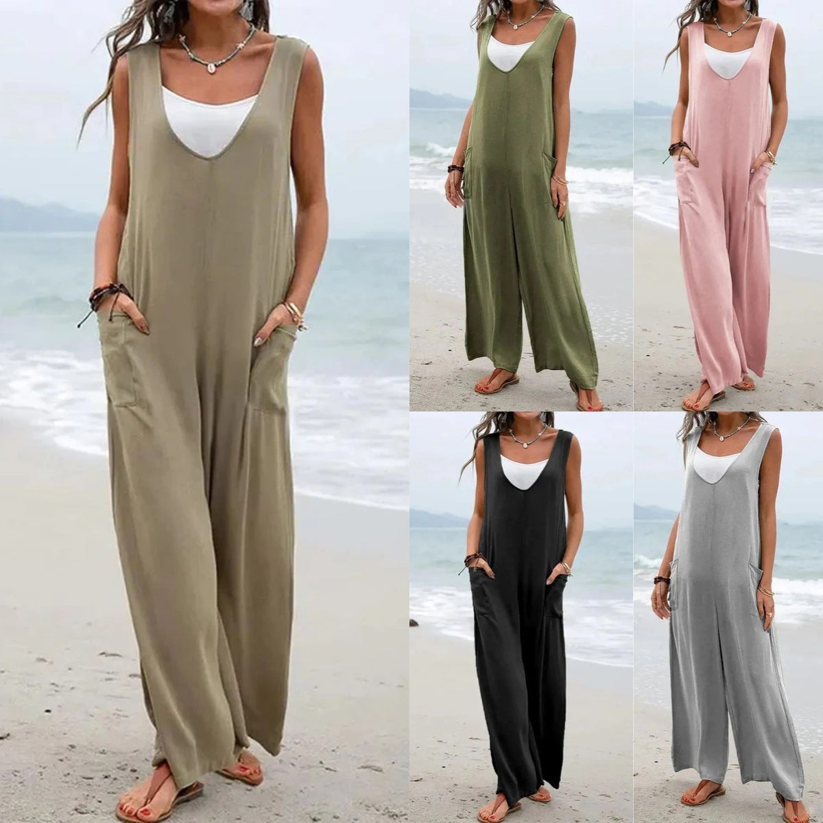 Easy Comfort Jumpsuit V-neck Bib Wide Leg Trousers