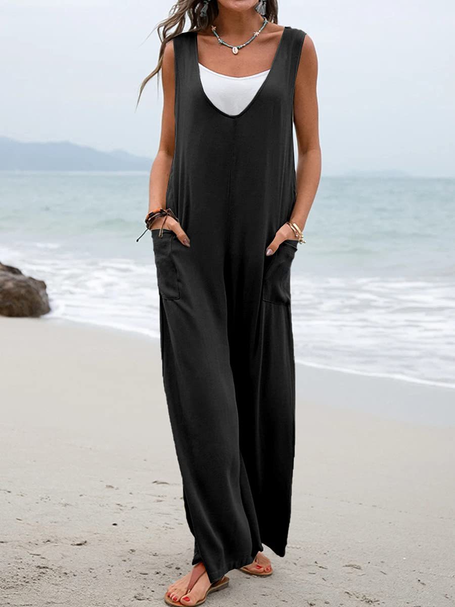 Easy Comfort Jumpsuit V-neck Bib Wide Leg Trousers